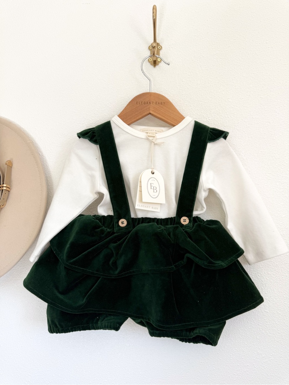 Elegant Baby Green Velvet Suspender Ruffle Romper - With White Onesie Top